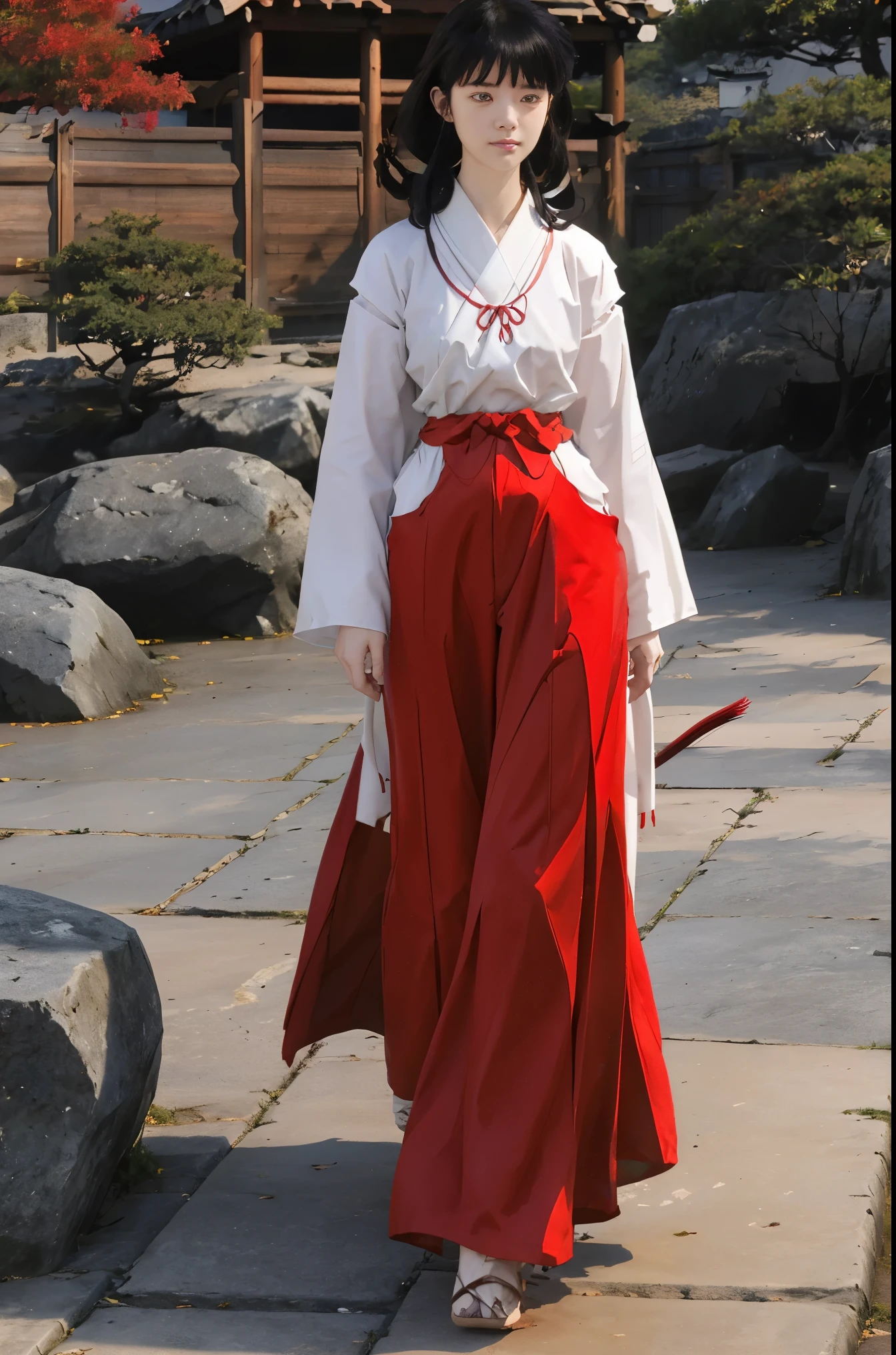 1girl, Kikyo, skinny, sidelocks, blunt_tresses, red_hakama, miko dress, elegant,traditional japanese clothes, , looking_at_viewer, expressionless, full_body,