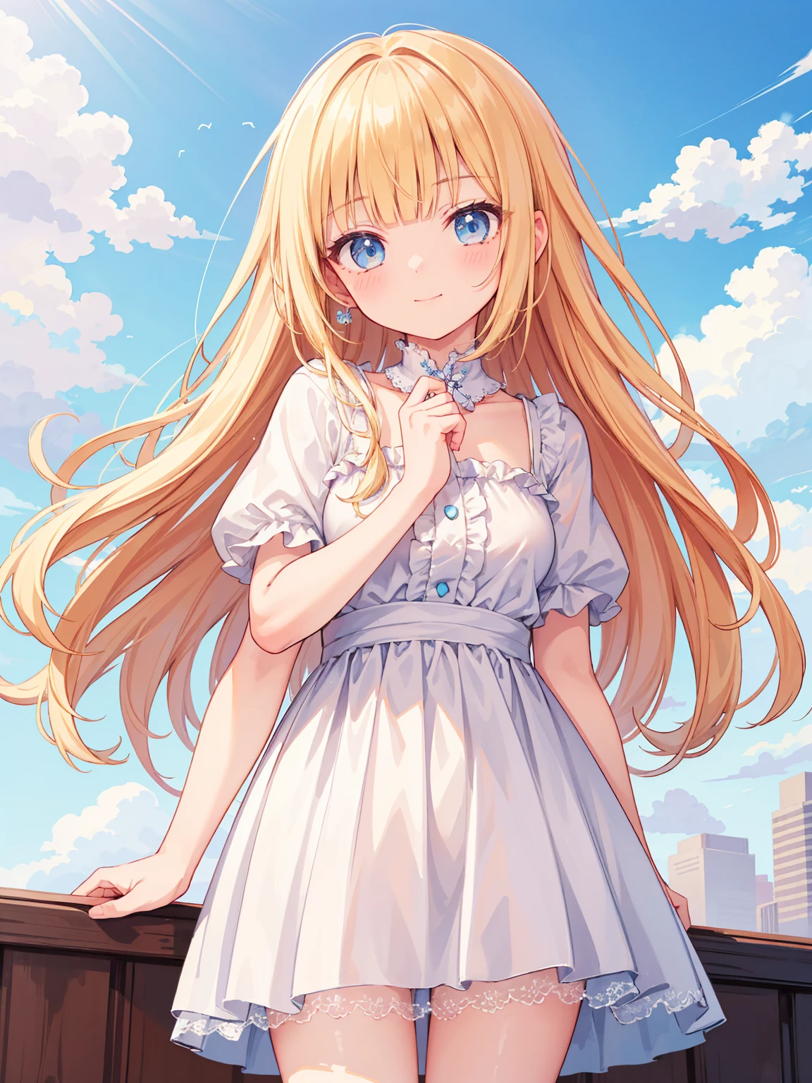 High quality, Ultra detailed, best quality, insanely detailed, masterpiece, beautiful illustrations, highest quality, pretty girl, very cute, 1girl, standing, pastel colour, blonde hair, wavy long hair, (blunt bangs), caucasian, bright lighting, sky-blue eyes, soft smile, looking at viewer