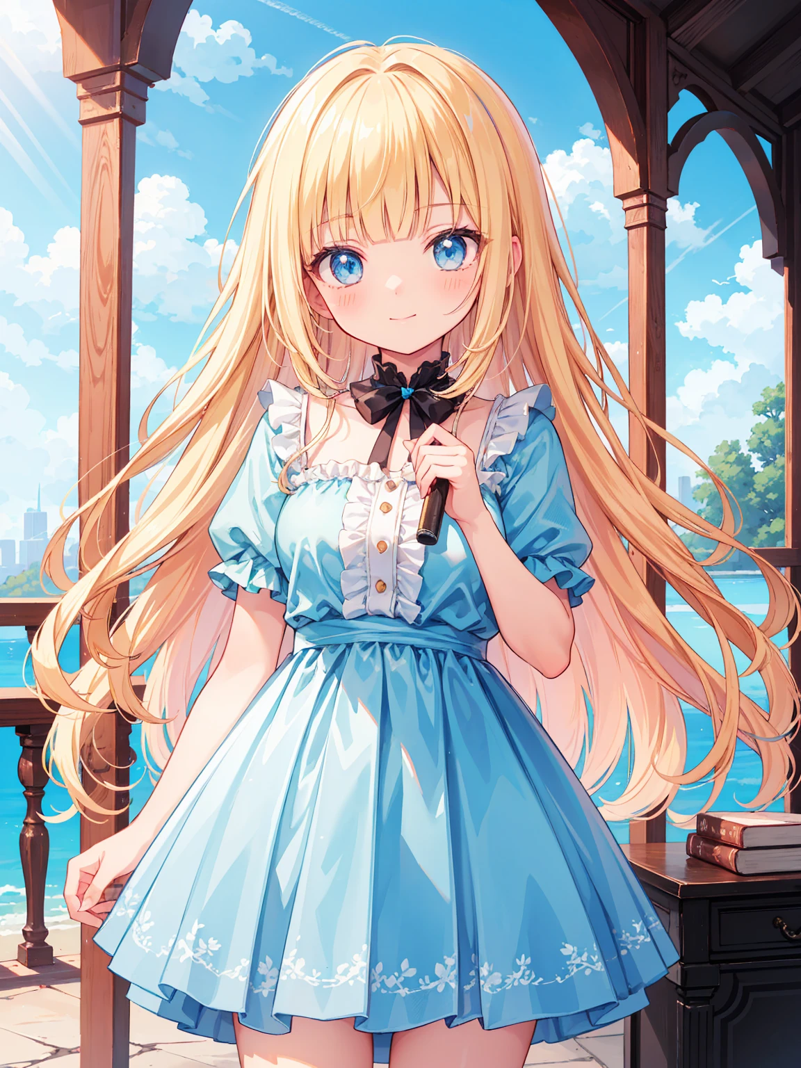 High quality, Ultra detailed, best quality, insanely detailed, masterpiece, beautiful illustrations, highest quality, pretty girl, very cute, 1girl, standing, pastel colour, blonde hair, wavy long hair, (blunt bangs), caucasian, bright lighting, sky-blue eyes, soft smile, looking at viewer