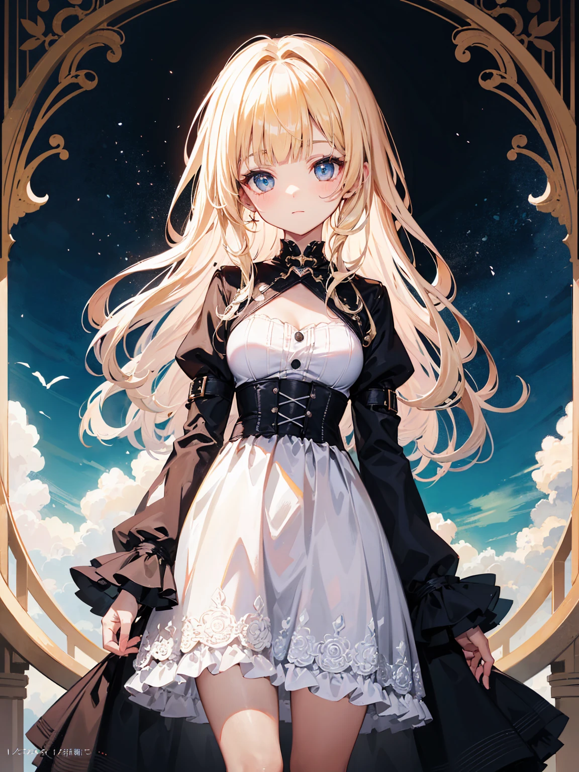 High quality, Ultra detailed, best quality, insanely detailed, masterpiece, beautiful illustrations, highest quality, pretty girl, very cute, 1girl, standing, pastel colour, blonde hair, wavy long hair, (blunt bangs), caucasian, bright lighting, sky-blue eyes, soft smile, looking at viewer