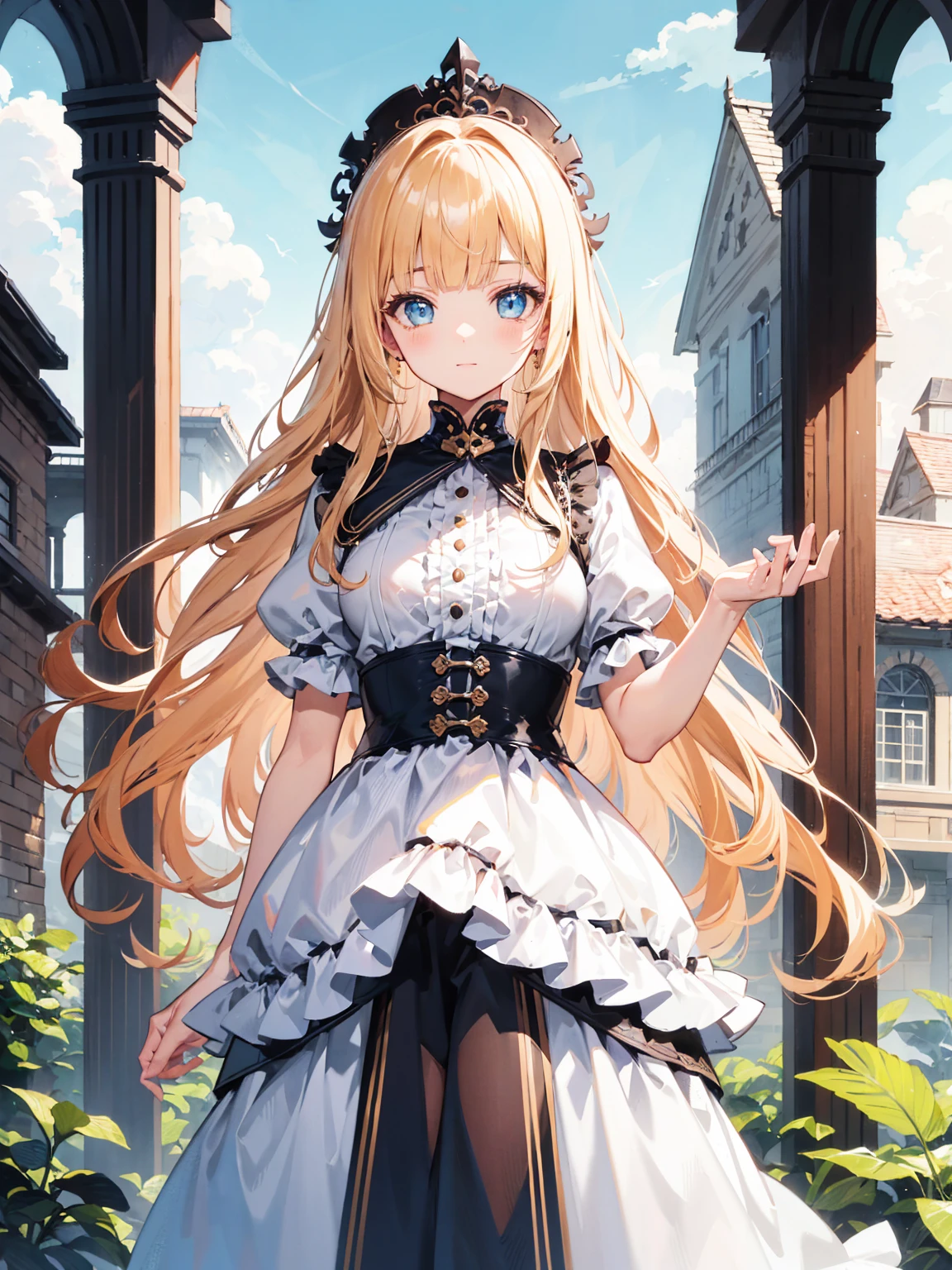 High quality, Ultra detailed, best quality, insanely detailed, masterpiece, beautiful illustrations, highest quality, pretty girl, very cute, 1girl, standing, pastel colour, blonde hair, wavy long hair, (blunt bangs), caucasian, bright lighting, sky-blue eyes, soft smile, looking at viewer