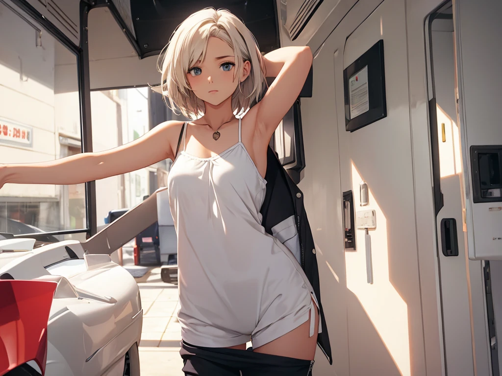 young girl, short gray hair, red-eyes, white tanktop, Upskirt, ssmile, backpack, stocklings, Masterpiece, hiquality