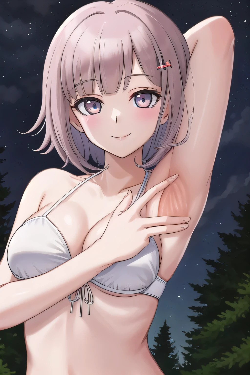 1girl, solo, hair ornament, white bikini, looking at viewer, hairclip, solo, night sky, forest, arms behind head, contrapposto, spread armpits, closed mouth, smile, upper body, breasts, medium hair,