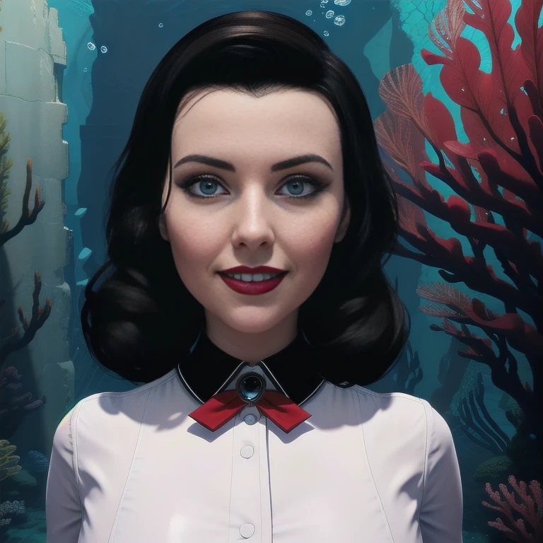 Elizabeth comstock, white blouse, portrait, beautiful smile, underwater city, red lipstick, cleavage (8k, RAW photo, best quality, masterpiece:1.2),ultra-detailed, (high detailed skin:1.2), 8k uhd, dslr, soft lighting, high quality, 