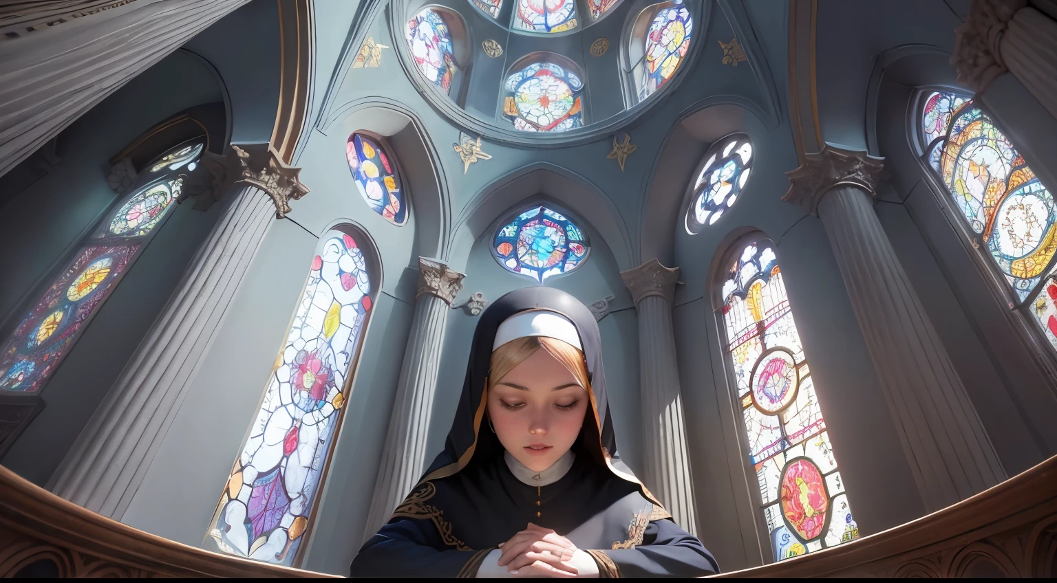 Nun,praying,The image depicts a vibrant and captivating rose window, a circular design that exudes a sense of both elegance and enchantment. Composed primarily of blue, purple, and red hues, the window exudes a sense of warmth and richness, evoking a feeling of deep contentment and peace.The window's circular shape symbolizes wholeness, unity, and infinity, reinforcing its role as a focal point for meditation and reflection. The blues and purples suggest a serene and calm energy, while the reds impart a sense of passion and warmth. The combination of these colors creates a harmonious balance that is both invigorating and soothing.The window is embellished with various small patterns and designs, each one unique and distinctive. These patterns add depth and intricacy to the window's overall appearance, enhancing its visual impact. They are reminiscent of petals, leaves, and other natural elements, connecting the window to the natural world and the cycles of life.The rose window is a traditional element of Gothic architecture, often found in cathedrals and other ecclesiastical buildings. It was designed to capture and redirect natural light in order to create a dazzling effect, enhancing the sacredness of the space. Today, it continues to inspire wonder and reflection among those who gaze upon it,completing the stable diffusion of serenity and contentment,masterpiece, best