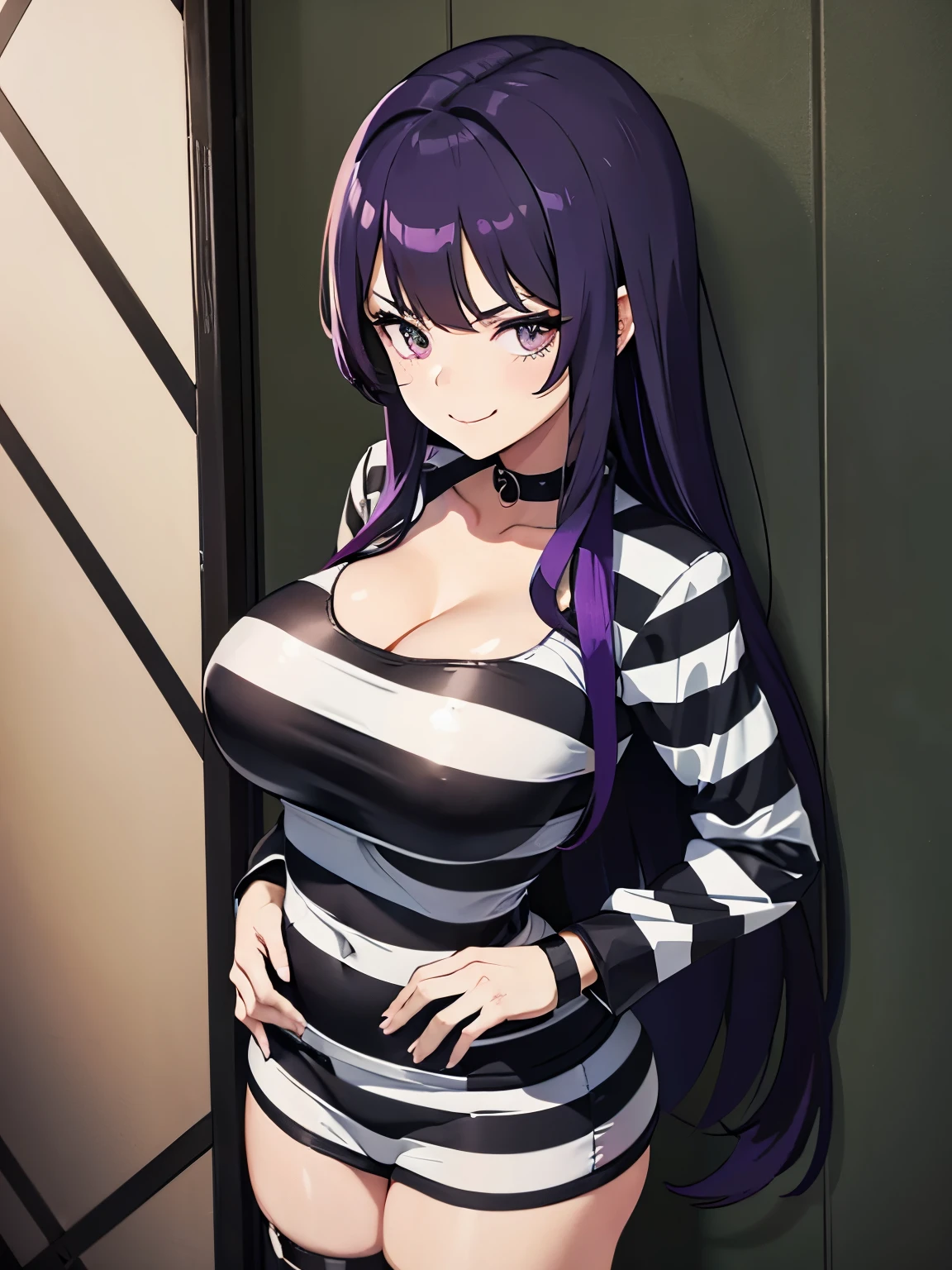 Mugshot, anime girl in black and white striped prisoner uniform, hands cuffed or chained, cleavage, big breasts, purple hair, evil smile, jail, cell, prison