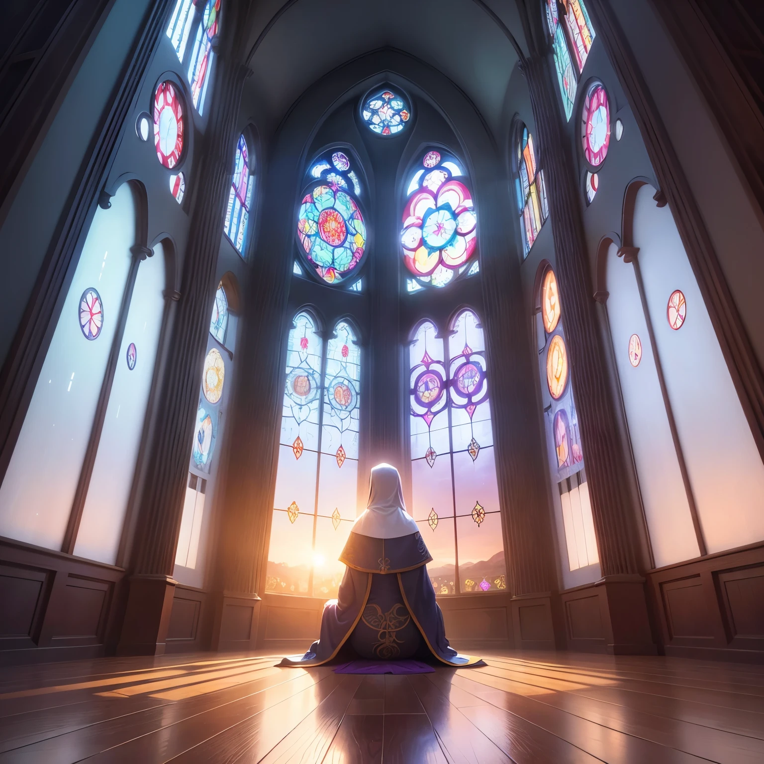 Nun,praying,The image depicts a vibrant and captivating rose window, a circular design that exudes a sense of both elegance and enchantment. Composed primarily of blue, purple, and red hues, the window exudes a sense of warmth and richness, evoking a feeling of deep contentment and peace.The window's circular shape symbolizes wholeness, unity, and infinity, reinforcing its role as a focal point for meditation and reflection. The blues and purples suggest a serene and calm energy, while the reds impart a sense of passion and warmth. The combination of these colors creates a harmonious balance that is both invigorating and soothing.The window is embellished with various small patterns and designs, each one unique and distinctive. These patterns add depth and intricacy to the window's overall appearance, enhancing its visual impact. They are reminiscent of petals, leaves, and other natural elements, connecting the window to the natural world and the cycles of life.The rose window is a traditional element of Gothic architecture, often found in cathedrals and other ecclesiastical buildings. It was designed to capture and redirect natural light in order to create a dazzling effect, enhancing the sacredness of the space. Today, it continues to inspire wonder and reflection among those who gaze upon it,completing the stable diffusion of serenity and contentment,masterpiece, best