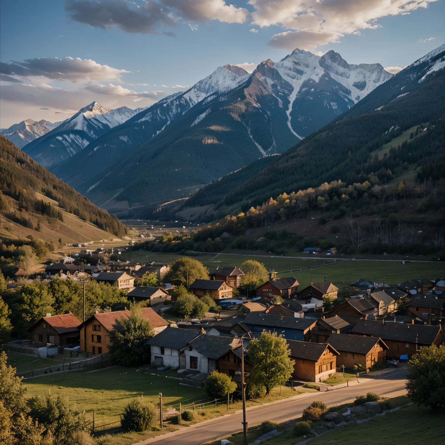 Canvas painting showing a small town in the mountains bathed in evening light