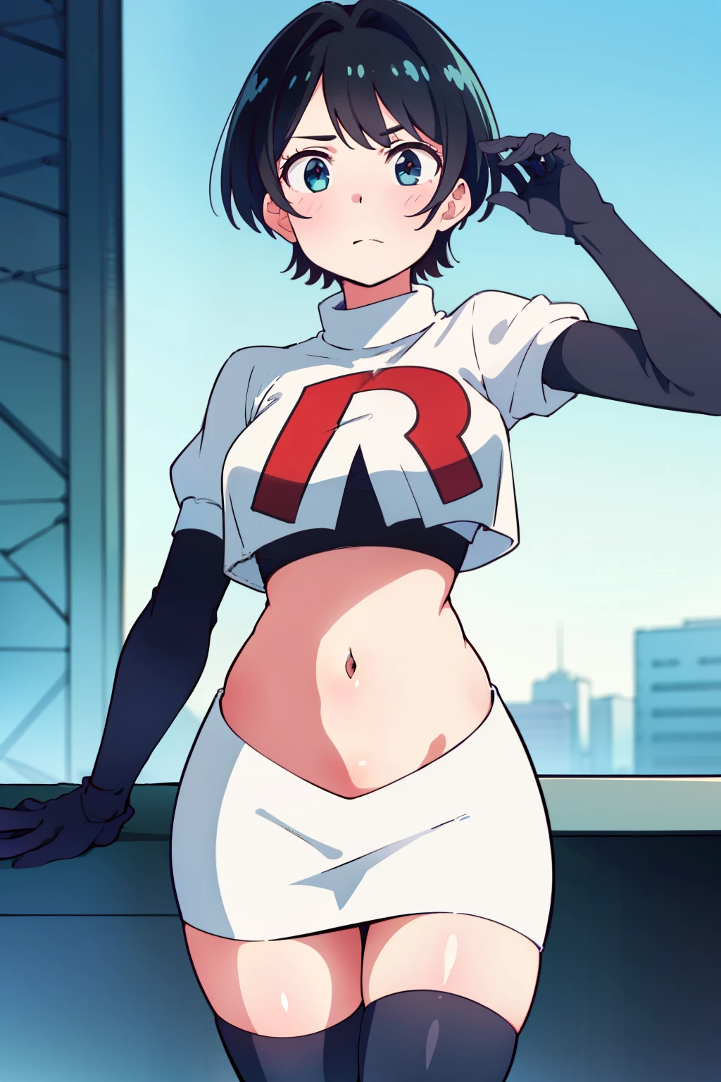 (masterpiece, best quality, ultra-detailed), 1girl, RukaSarashina, looking at viewer, team rocket,team rocket uniform,white skirt,red letter R,crop top,black thigh-highs,black elbow gloves