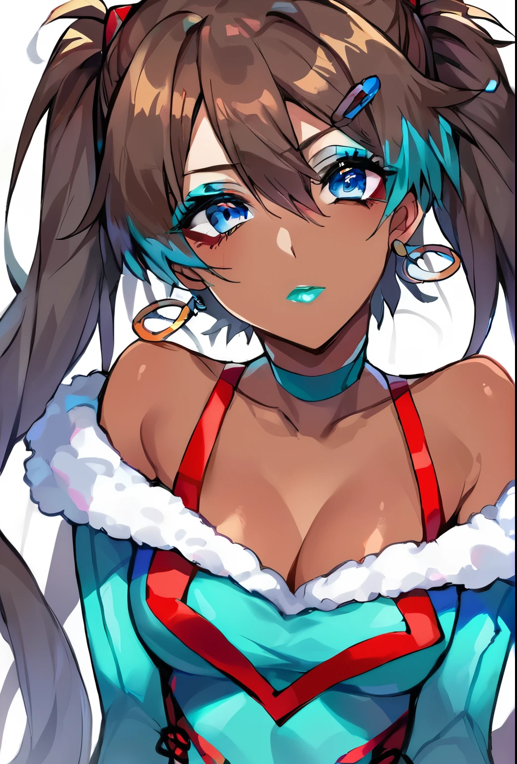 Score_9, score_8_up, score_7_up, score_6_up, ganguro, source_anime, 1girl, solo, white background, abstract rectangular background, upper body, looking at viewer, BREAK, cyan highlights, hoop earrings, BREAK, cyan lips, dark skin, makeup, eyeshadow, cyan dress, cyan ribbed sweater, fur trim, bare shoulders, off shoulder, white choker, hairclip, (cleavage, laced white bra, long braid), souryuu_asuka_langley, plugsuit, bodysuit, interface headset, red bodysuit, hair between eyes, pilot suit