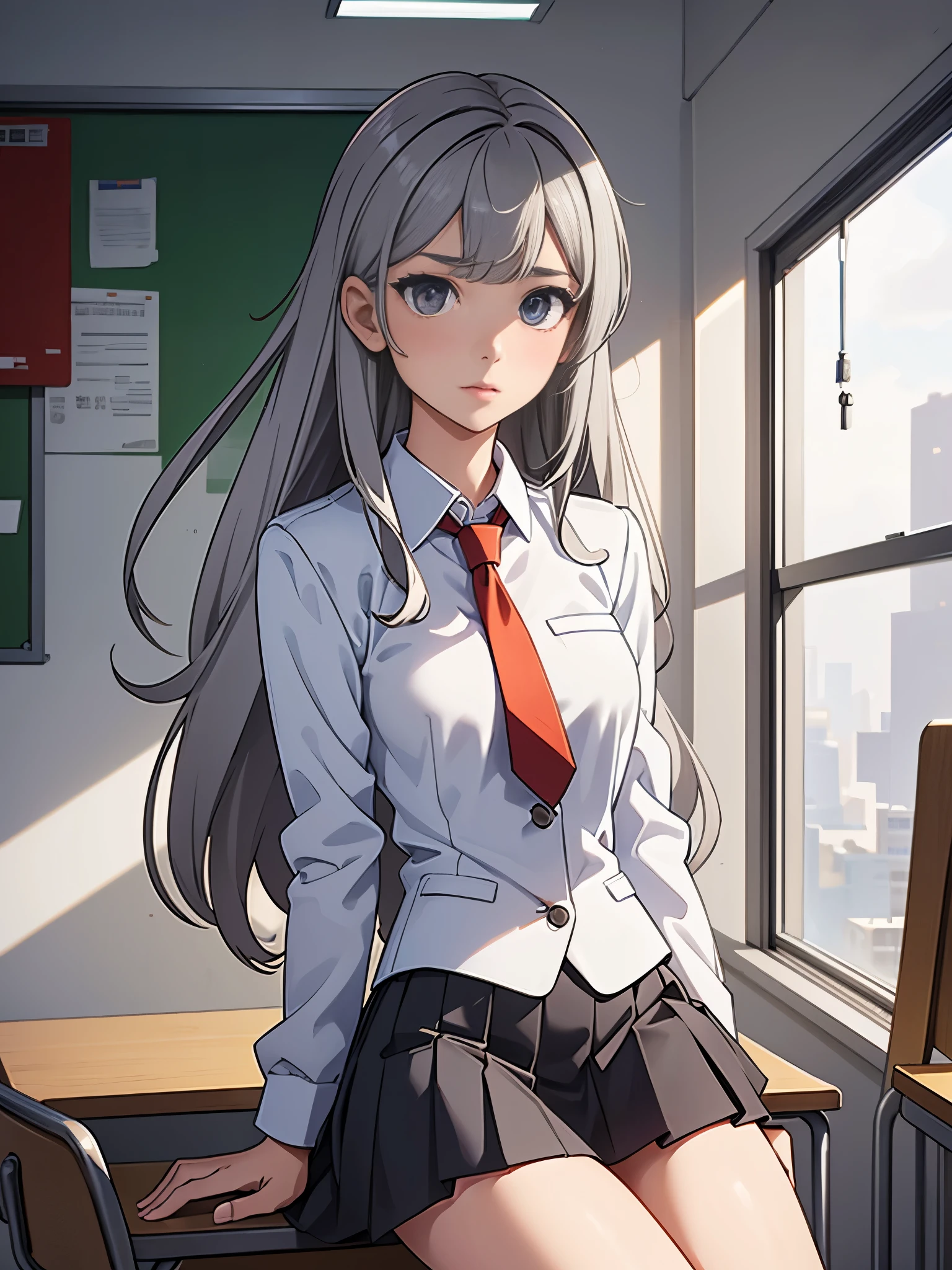 1girl, high school student, suit, suit jacket, white shirt, red ribbon necktie, pleaded skirt, miniskirt, bare legs, white socks, brown shoes, light grey hair, hazel eyes, shoulder-length hair, bangs, ahoge, beautiful detailed eyes, beautiful detailed face, cute face, medium breasts, age 18, solo, solo focus, classroom backdrop, warm lighting