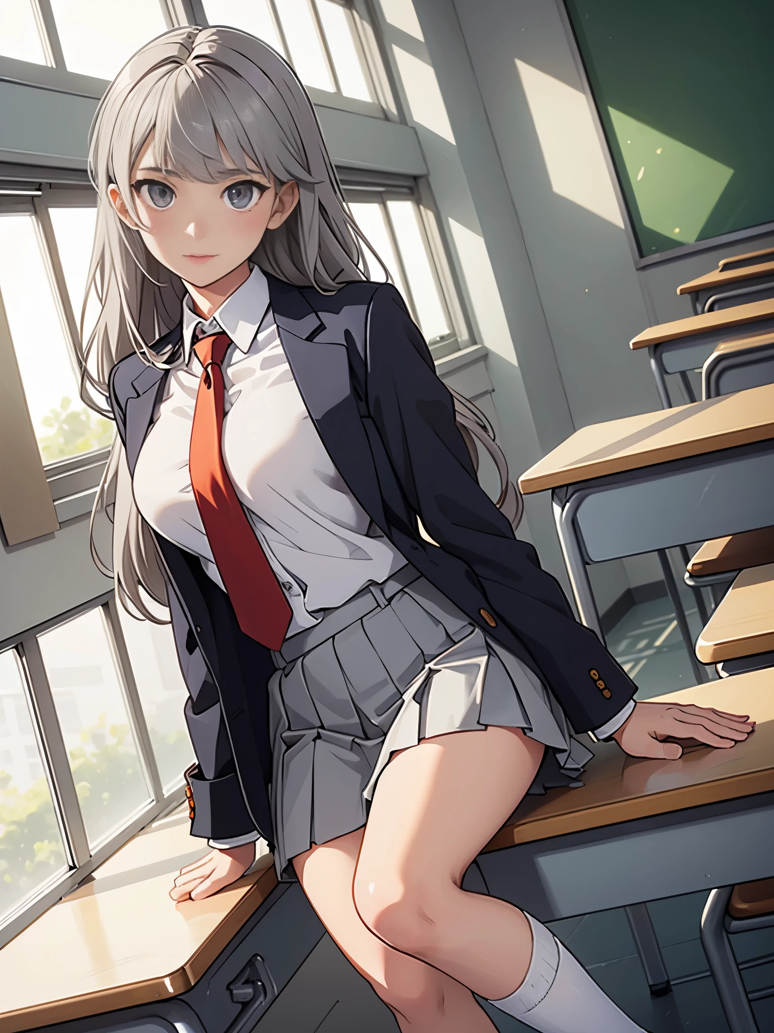 1girl, high school student, suit, suit jacket, white shirt, red ribbon necktie, pleaded skirt, miniskirt, bare legs, white socks, brown shoes, light grey hair, hazel eyes, shoulder-length hair, bangs, ahoge, beautiful detailed eyes, beautiful detailed face, cute face, medium breasts, age 18, solo, solo focus, classroom backdrop, warm lighting