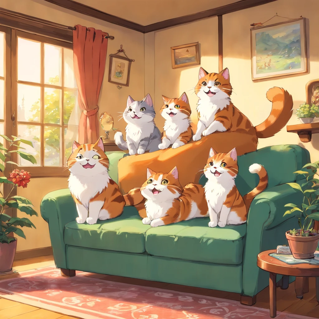 Good cheerful morning, anthropomorphic cute fluffy cats smile and jump high on the sofa