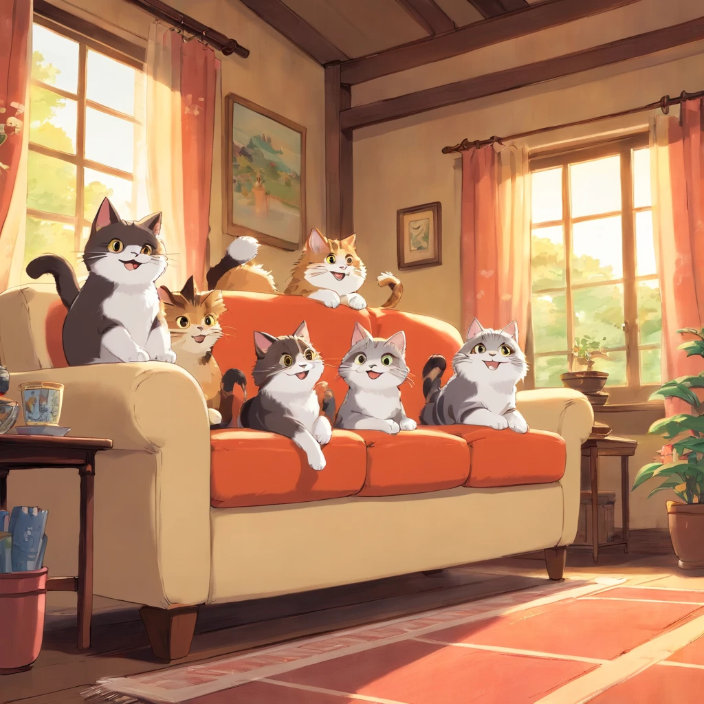 Good cheerful morning, anthropomorphic cute fluffy cats smile and jump high on the sofa