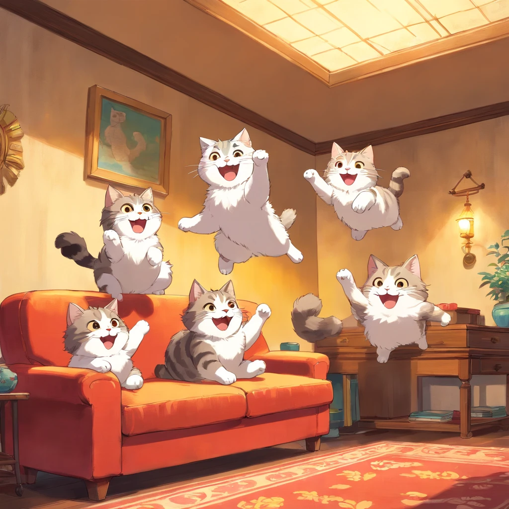 Good cheerful morning, anthropomorphic cute fluffy cats smile and jump high on the sofa