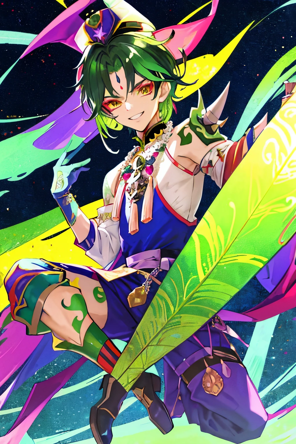 In the enchanting world of anime, a jester man dressed in a vibrant green outfit adds a splash of color to the mysterious night. With a green jester hat adorned with five intricate points, he strikes an eccentric pose, his painted face a macabre yet charming smile. Red boots complement his attire, adding an air of whimsy and mischief. The jester's perfect face, well-defined and high in details, captivates those who gaze upon him. His detailed features, from the painted lines of his face to the stitches on his hat, are a testament to the masterful artistry of this masterpiece. Underneath the soft, ethereal