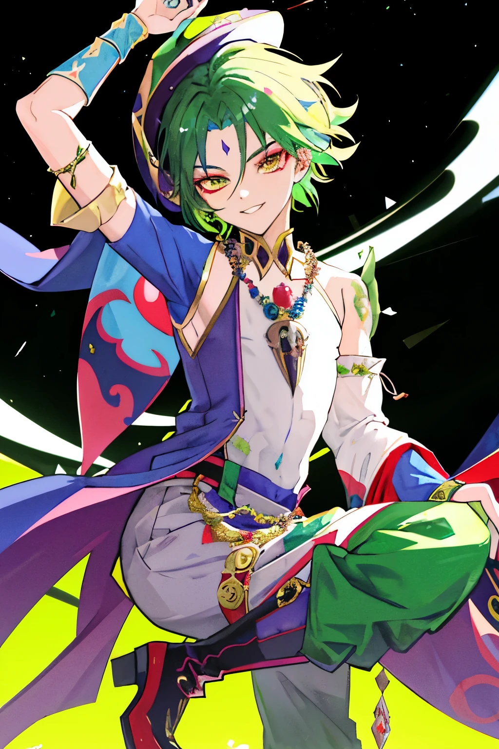 In the enchanting world of anime, a jester man dressed in a vibrant green outfit adds a splash of color to the mysterious night. With a green jester hat adorned with five intricate points, he strikes an eccentric pose, his painted face a macabre yet charming smile. Red boots complement his attire, adding an air of whimsy and mischief. The jester's perfect face, well-defined and high in details, captivates those who gaze upon him. His detailed features, from the painted lines of his face to the stitches on his hat, are a testament to the masterful artistry of this masterpiece. Underneath the soft, ethereal