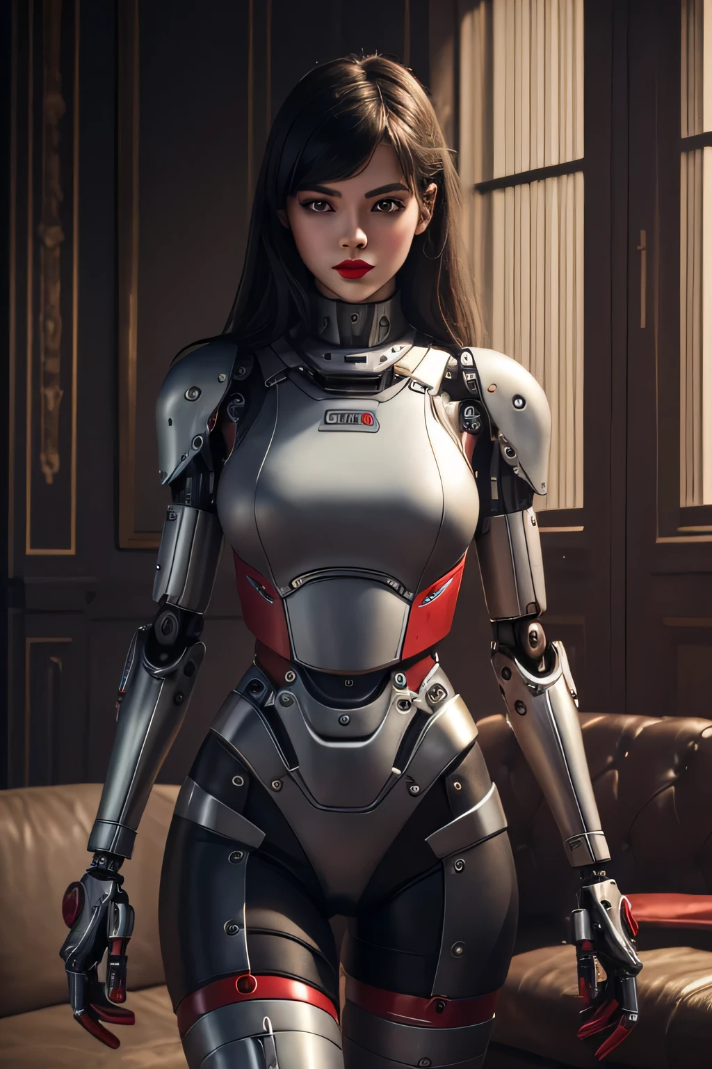 A high school girl who was remade into a robot mechanical body mechanical limbs The background is the living room, makeup, expressionless, red lips, UHD, retina, masterpiece, ccurate, anatomically correct, textured skin, super detail, high details, high quality, award winning, best quality, highres