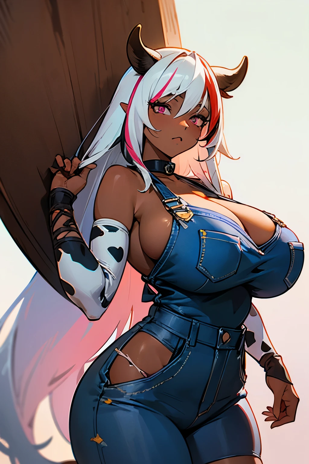 8k_wallpaper, extremely detailed eyes, extremely detailed body, (large masterpiece digital art), (detailed manga illustration), (detailed line art), ((perfect anatomy)), (intricate details:1.3), (ultra-detailed:1.3), (illustration:1.3), (sharp focus:1.3), (natural lighting:1.05), (vivid colors:1.3), (masterpiece), (best quality:1.4), (perfect anatomy:1.4), high quality, expressive eyes, full body, tall girl, detailed face, beautiful face, perfect face, detailed ((white hair)), (black hair), (pink eyes), {{dark skin}}, ({dark skinned female}), cow girl, gigantic breasts, thick thighs, very long hair, bare shoulders, denim, (blue overalls), overalls, dynamic lighting, cow print, high resolution, 4k resolution, dynamic pose, silver jewelry, {fantasy farm background}, choker, (cow ears), {{cow tail}}, (tail), ((streaked hair)), wide hips, thighhighs, horns, {cow horns}, animal ears, skin dentation, curvy, plump,