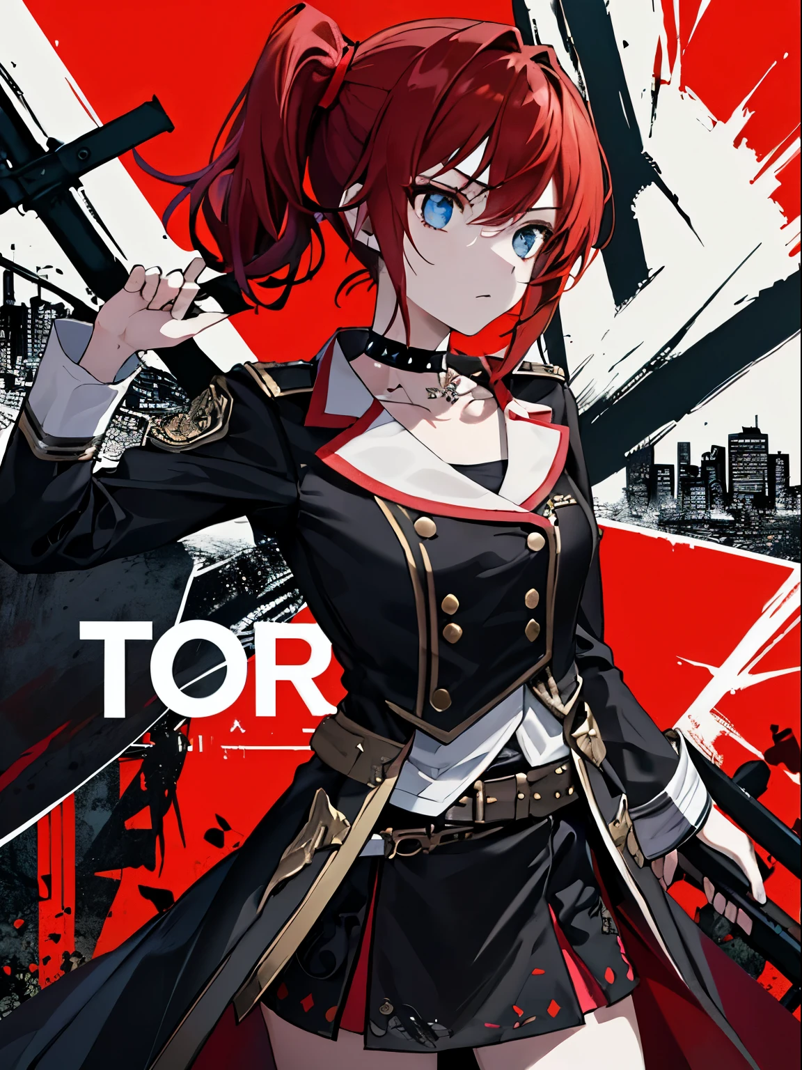 ((top-quality)), ((​masterpiece)), ((ultra-detailliert)), (extremely delicate and beautiful),(((Dramatic)))、(((gritty)))、(((vehement)))Movie poster featuring a young woman as the main character。Beautiful short red hair、(side ponytail hairstyles), Magazine Art、She wears stylish and edgy clothes、Stand confidently in the center of the poster。Dressed in costume、I have a look of determination on my face。The background is dark and gritty.、Feeling danger and intensity。Text is bold and attention-grabbing、The catchy tagline is、Enhances the overall sense of drama and excitement。The color palette is predominantly bright、studded with saturated bright colors.、It gives the poster a dynamic and visually striking look。a miniskirt、Uniforms、Black Choker