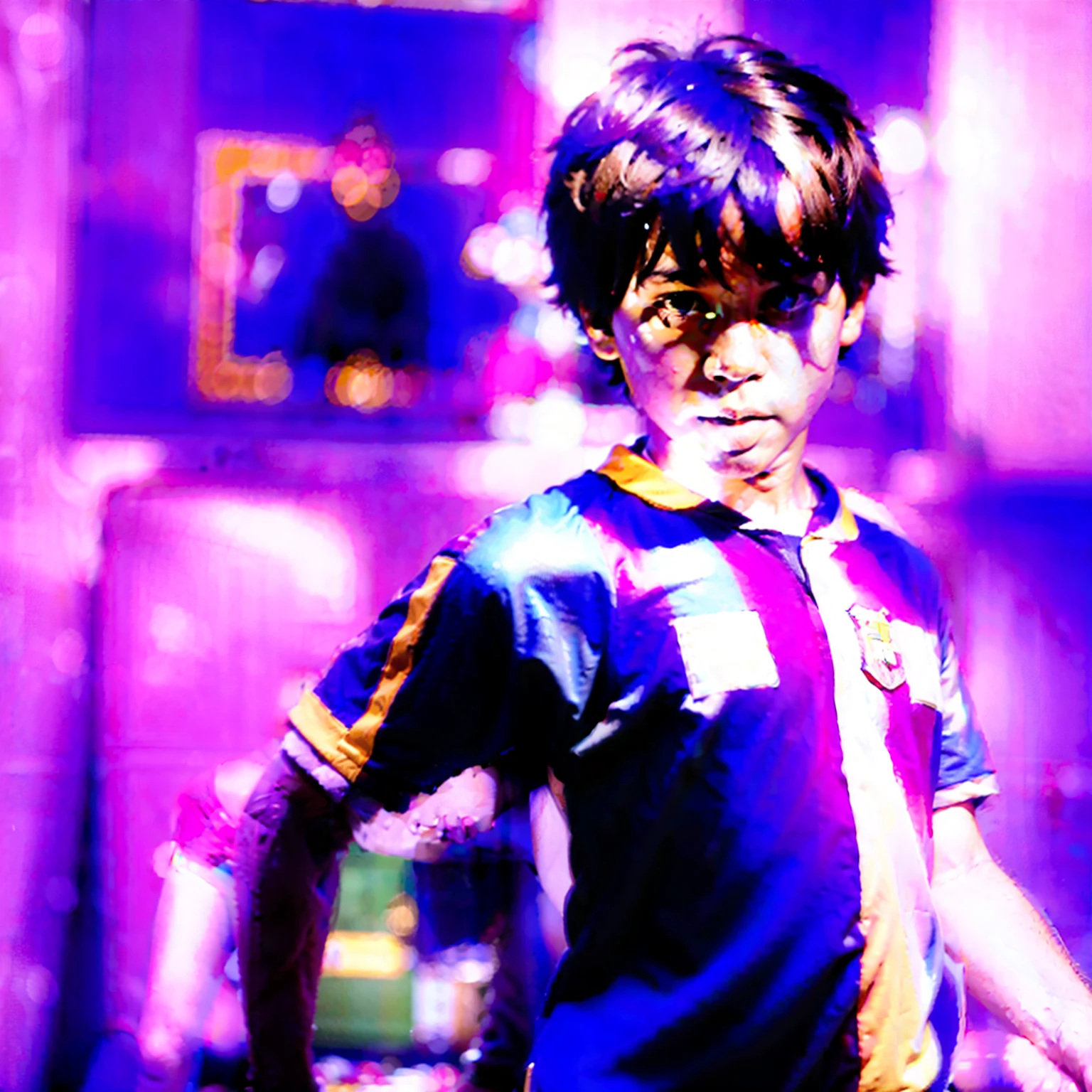 A boy wearing a Barcelona jersey with the name:GangaJR and number:11