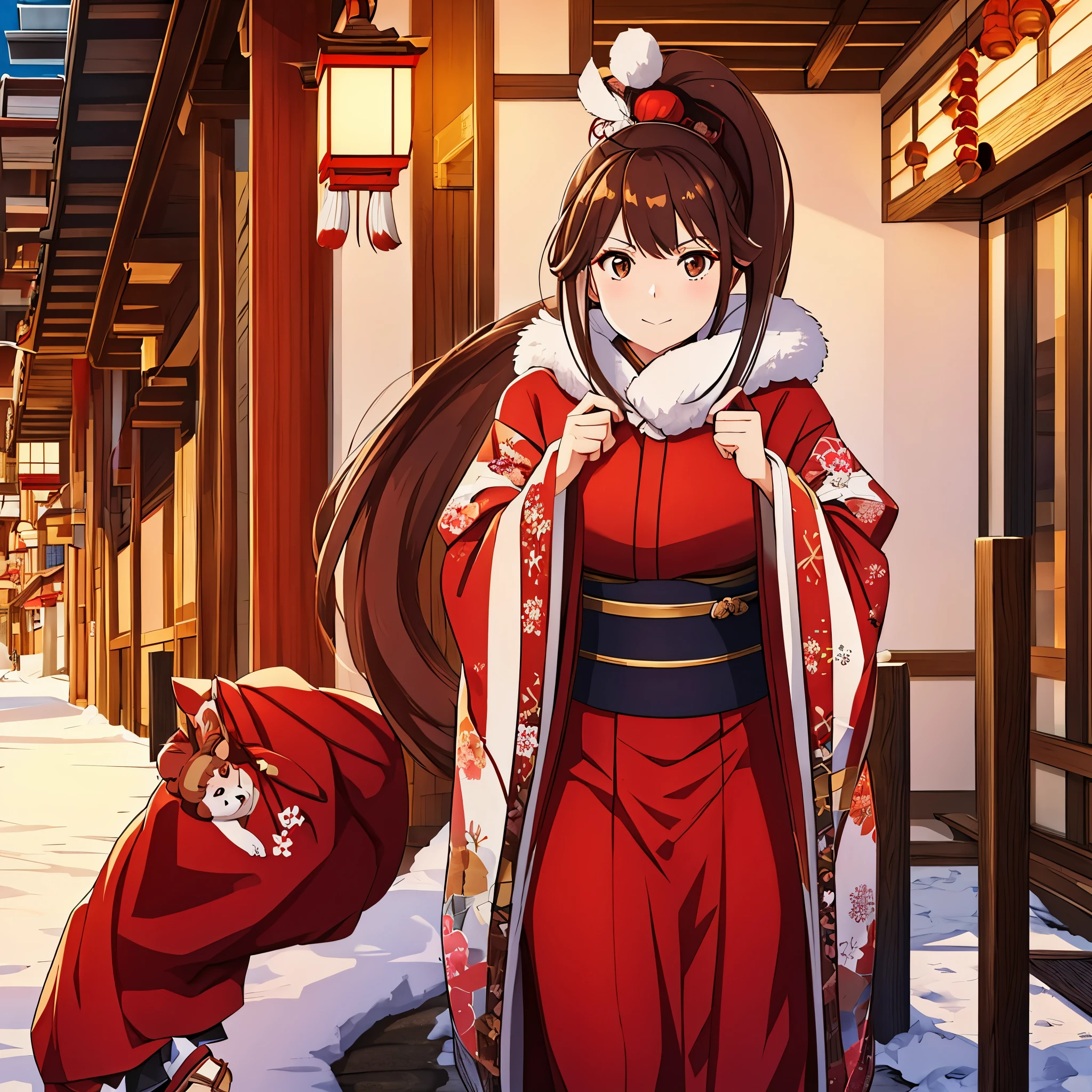 A woman wearing a long fur coat, red Japanese style fur coat, long brown hair, ponytail hair, brown eyes, in a traditional Japanese town in winter.,HDR, ultra resolution, well defined, masterpiece, 8K HD. (solo woman)