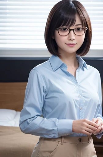 masterpiece、highest quality、8K quality、Realistic、view audience、
Japanese、1 female、30 years old、Height: 155cm、(Yamato Nadeshiko:0.9)、
pure atmosphere、Clean atmosphere、soft atmosphere、Gentle atmosphere、
social person、Working for a company、(Wearing a company uniform)、
short hair、wear glasses、