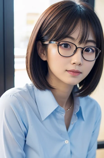 masterpiece、highest quality、8K quality、Realistic、view audience、
Japanese、1 female、30 years old、Height: 155cm、(Yamato Nadeshiko:0.9)、
pure atmosphere、Clean atmosphere、soft atmosphere、Gentle atmosphere、
social person、Working for a company、(Wearing a company uniform)、
short hair、wear glasses、