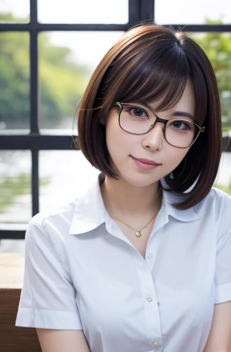 masterpiece、highest quality、8K quality、Realistic、view audience、
Japanese、1 female、30 years old、Height: 155cm、(Yamato Nadeshiko:0.9)、
pure atmosphere、Clean atmosphere、soft atmosphere、Gentle atmosphere、
social person、Working for a company、(Wearing a company uniform)、
short hair、wear glasses、