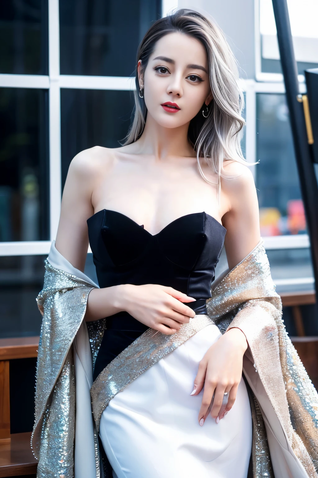 ((top quality、8K、Masterpiece:1.3))、Extremely delicate and beautiful girl,huge breasts,bigger breasts,amazing breast size,G cup,Sunset。Wear big earrings,The skin is very white,moist red lips,Waist is very thin,Thighs are very thin,big ass,exposed,fair and smooth skin,Smooth and fair skin,flawless skin,Fair and shiny skin,cold white skin,The camera focuses on the chest,bright light,White tube top dress,exposed的肩膀,white hair,The hair is gray,完全exposed的后背