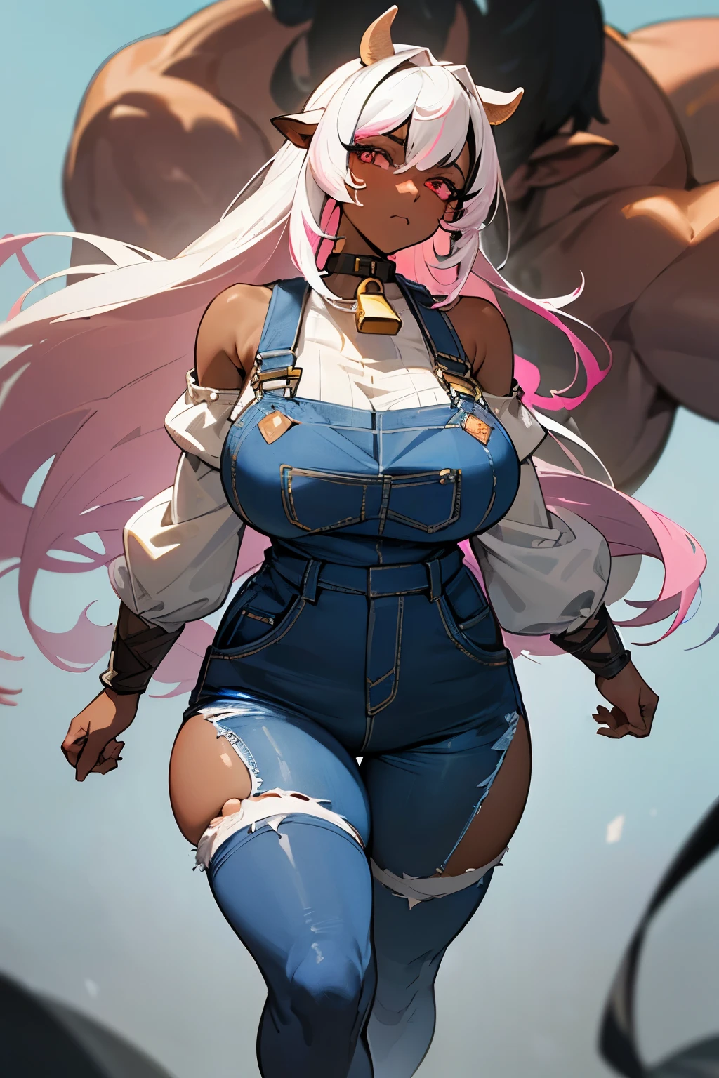 8k_wallpaper, extremely detailed eyes, extremely detailed body, (large masterpiece digital art), (detailed manga illustration), (detailed line art), ((perfect anatomy)), (intricate details:1.3), (ultra-detailed:1.3), (illustration:1.3), (sharp focus:1.3), (natural lighting:1.05), (vivid colors:1.3), (masterpiece), (best quality:1.4), (perfect anatomy:1.4), high quality, expressive eyes, full body, tall girl, detailed face, beautiful face, perfect face, detailed ((white hair)), (black hair), (pink eyes), {{dark skin}}, ({dark skinned female}), cow girl, gigantic breasts, thick thighs, very long hair, bare shoulders, denim, (blue overalls), overalls, dynamic lighting, cow print, high resolution, 4k resolution, dynamic pose, silver jewelry, {fantasy farm background}, choker, (cow ears), {{cow tail}}, (tail), ((streaked hair)), wide hips, thighhighs, horns, {cow horns}, animal ears, skin dentation, curvy, plump,