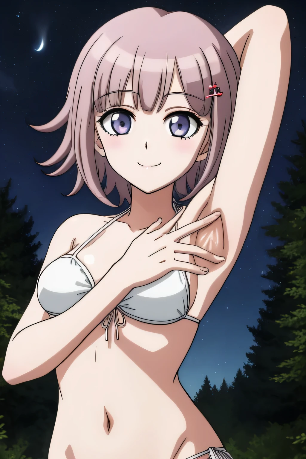1girl, solo, hair ornament, white bikini, looking at viewer, hairclip, solo, night sky, forest, arms behind head, contrapposto, spread armpits, closed mouth, smile, upper body, breasts, medium hair,