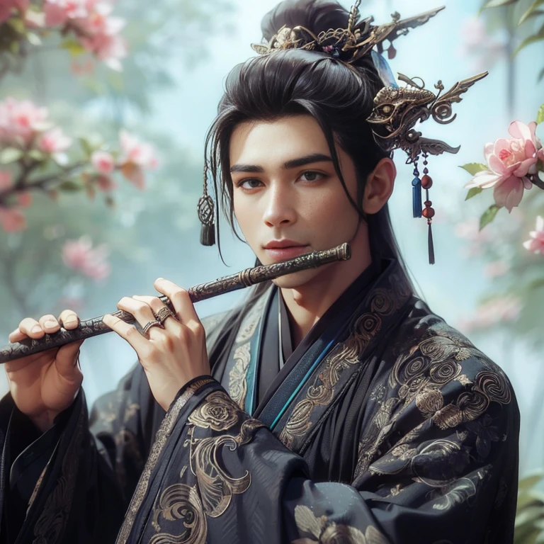 (Best Quality:1.2), (high resolution:1.2), (beautiful face and eye:1.2), (sharpest focus:1.2), (Ultra-realistic Photo:1.2), (Ultra-precise Photo:1.2), (Depth of field:1.2), (8k high resolution:1.2), (perfect anatomy:1.2), (nice hands:1.5),
(perfect hands:1.5), (Very young and masculine and dignified and beautiful Chinese male:1.5), (Beautiful nobleman:1.0), (A beautiful nobleman:1.0), (A shiny black hermit-like garment with fancy embroidery:1.0), (A gentle smile:1.3),
(Playing an iron flute:1.5), (A secluded hermit-like place deep in the mountains of China:1.0), (A mysterious fairyland:1.2), (Birds and animals gathered to listen to the sound of the flute:1.3), (Looking up angle:1.0),