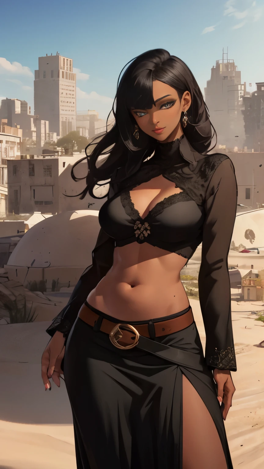 (Highly quality, masterpiece, detailed), sandy city detailed scenario, sandy city detailed background, solo, 1 woman, black hair, glamorous hair style, DustMarvel, long sleeves, belt, black cropped top, long skirt, dark-skinned female, belly button piercing, beautiful eyes, look at the viewer, Sexy pose 