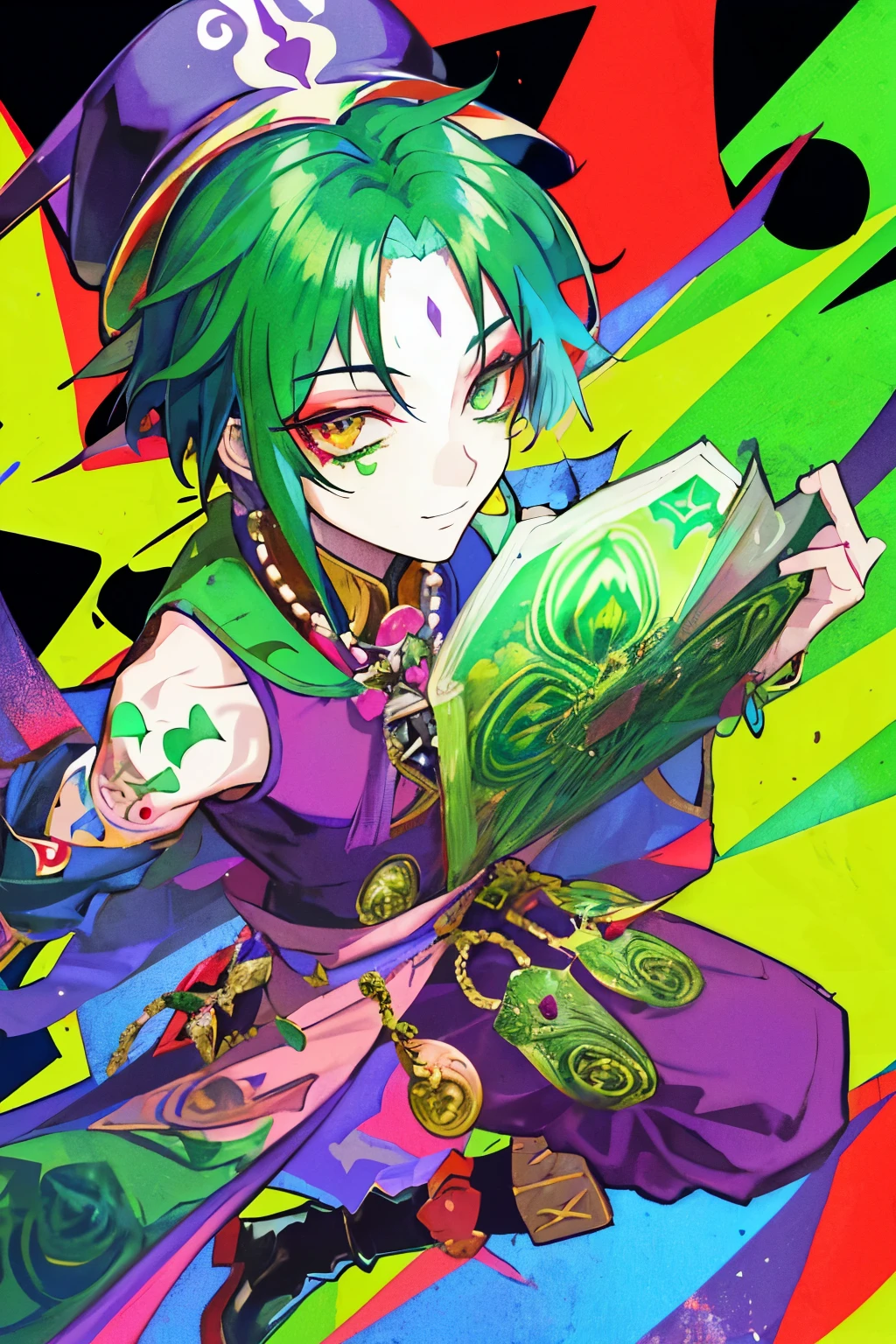 In the enchanting world of anime, a jester man dressed in a vibrant green outfit adds a splash of color to the mysterious night. With a green jester hat adorned with five intricate points, he strikes an eccentric pose, his painted face a macabre yet charming smile. Red boots complement his attire, adding an air of whimsy and mischief. The jester's perfect face, well-defined and high in details, captivates those who gaze upon him. His detailed features, from the painted lines of his face to the stitches on his hat, are a testament to the masterful artistry of this masterpiece. Underneath the soft, ethereal