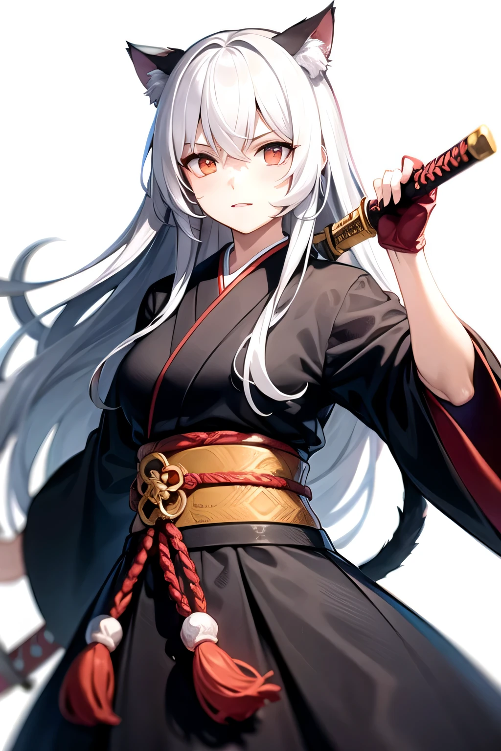 White hair, long hair, cat ears, red eye color, samurai, Japanese sword, white background