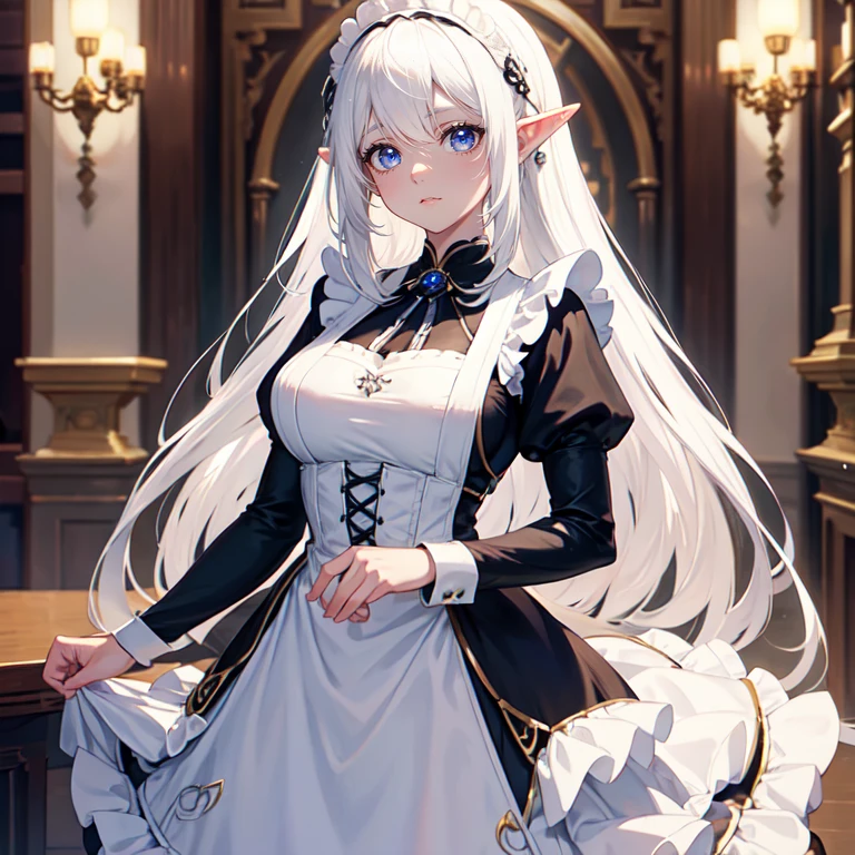 A white haired elf girl, beautiful sapphire eyes, innocent and ultra adorable face, symmetry face, round face, fair and delicate skin,
asymmetric hair bangs, long hair, proportional body, perfect anatomy, amazing curves, classical black maid outfit, apron, victorian dinning room background, medium closeup, staring to the camera, ultra detailed eyes, ultra detailed face, ultra detailed anatomy