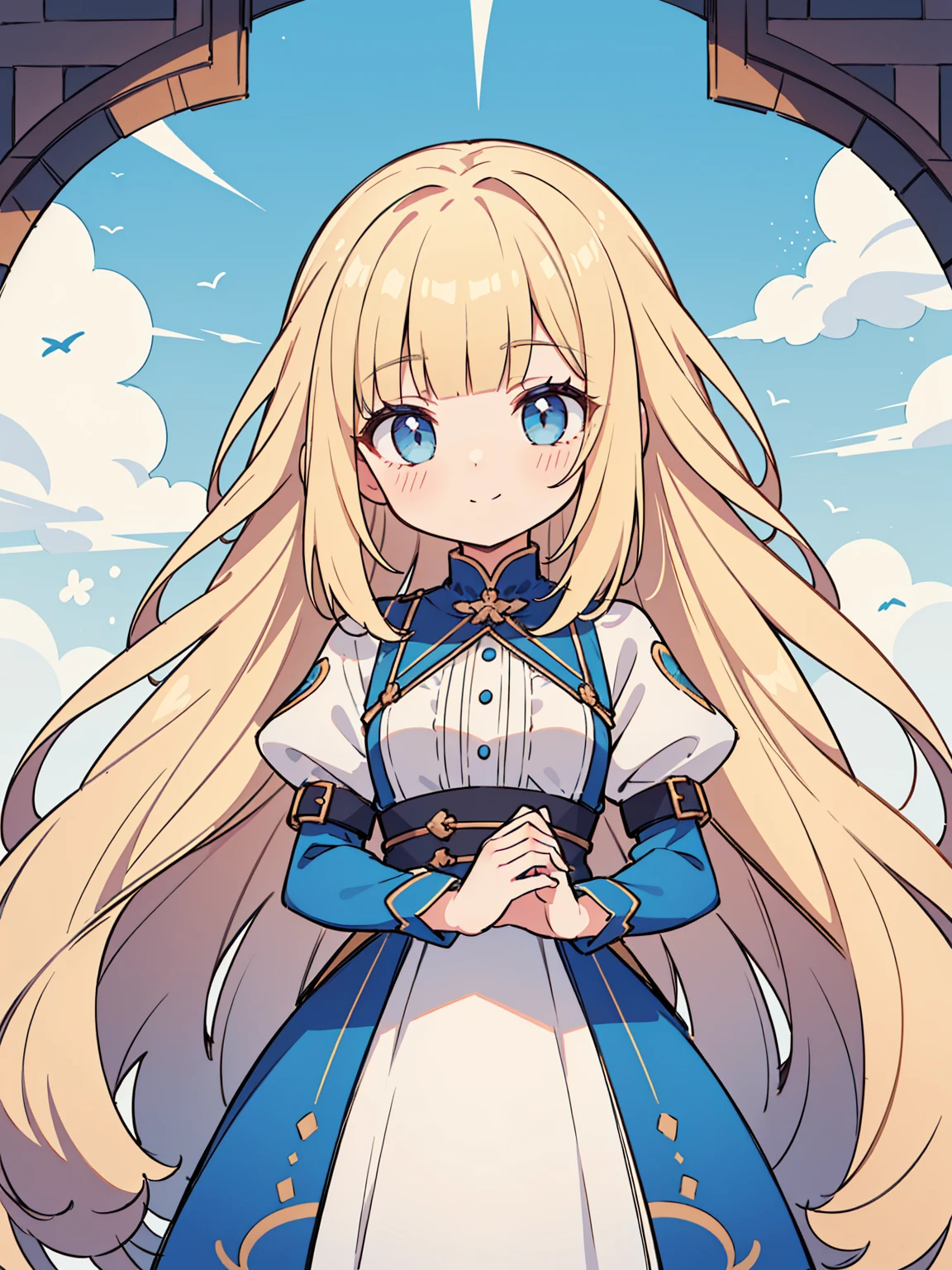 High quality, Ultra detailed, best quality, insanely detailed, masterpiece, beautiful illustrations, highest quality, pretty girl, very cute, 1girl, standing, pastel colour, blonde hair, straight long hair, (blunt bangs), caucasian, bright lighting, sky-blue eyes, soft smile, looking at viewer