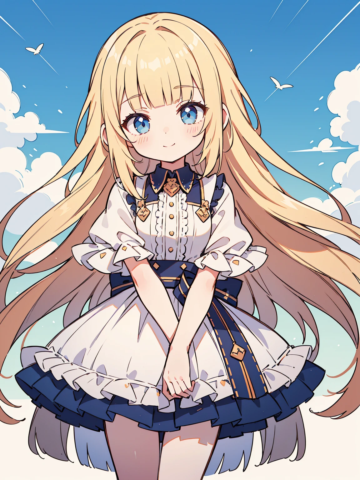 High quality, Ultra detailed, best quality, insanely detailed, masterpiece, beautiful illustrations, highest quality, pretty girl, very cute, 1girl, standing, pastel colour, blonde hair, straight long hair, (blunt bangs), caucasian, bright lighting, sky-blue eyes, soft smile, looking at viewer