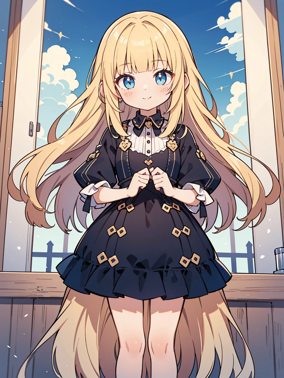 High quality, Ultra detailed, best quality, insanely detailed, masterpiece, beautiful illustrations, highest quality, pretty girl, very cute, 1girl, standing, pastel colour, blonde hair, straight long hair, (blunt bangs), caucasian, bright lighting, sky-blue eyes, soft smile, looking at viewer
