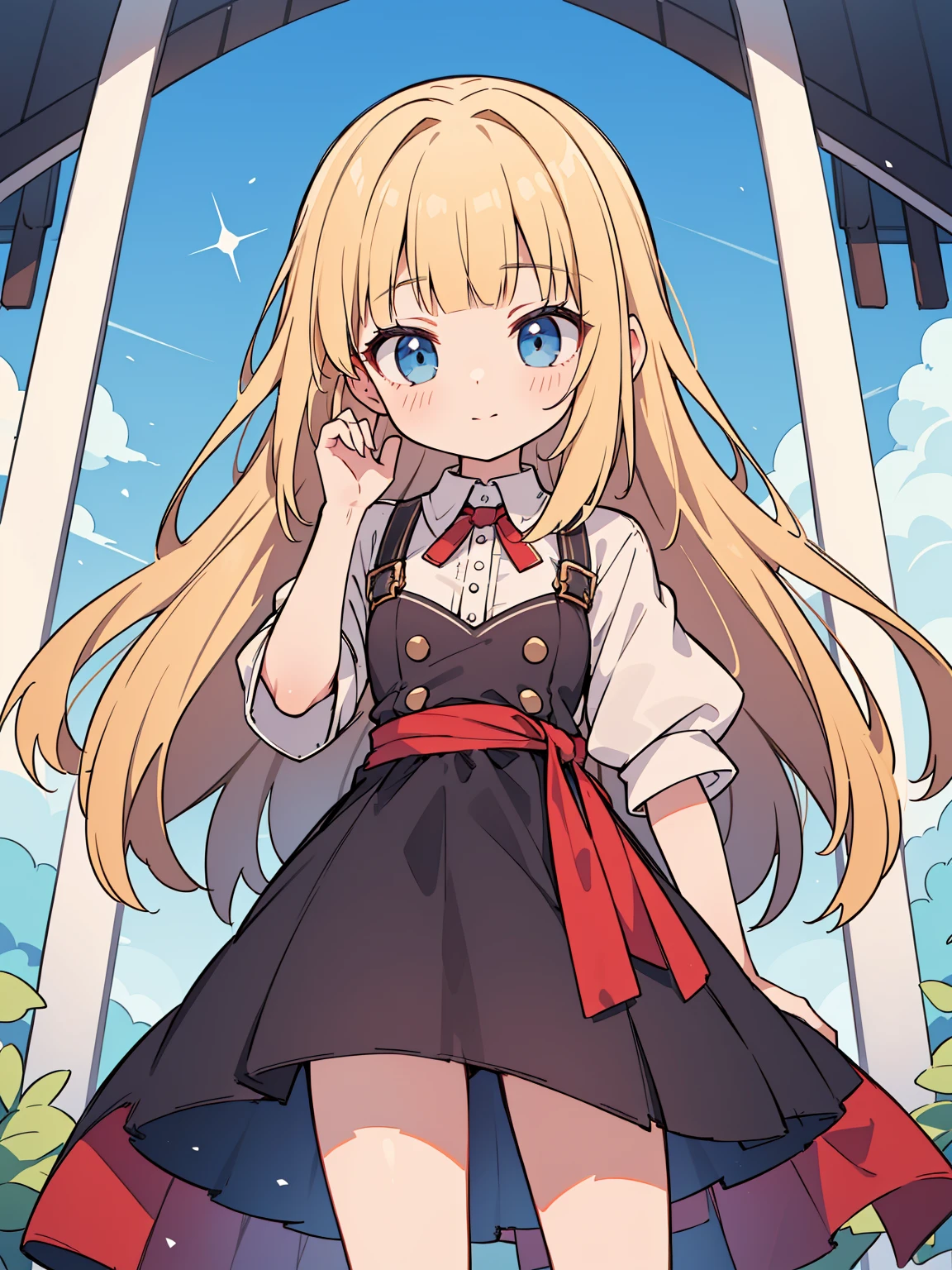 High quality, Ultra detailed, best quality, insanely detailed, masterpiece, beautiful illustrations, highest quality, pretty girl, very cute, 1girl, standing, pastel colour, blonde hair, straight long hair, (blunt bangs), caucasian, bright lighting, sky-blue eyes, soft smile, looking at viewer