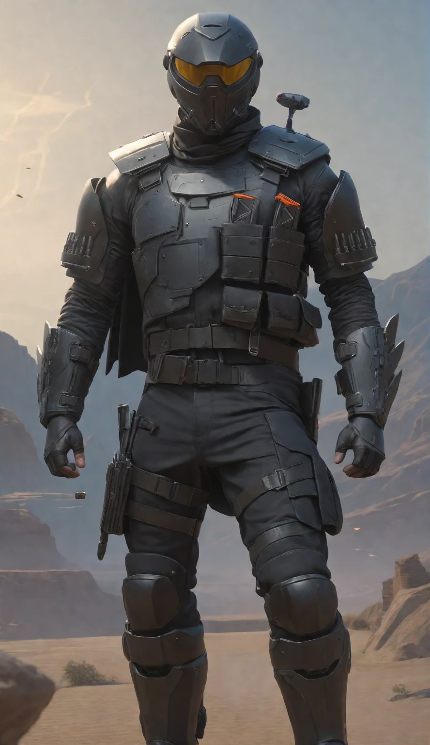 a man in a helmet dressed in tactical armor, With a black cape,Shoulder pads, Knee pads, three throwing knives holstered on his arm, Pistol holstered on his leg(Best quality, 4k, Masterpiece :1.3), Cyberpunk, Background, Sci-fi landscape, (Black cape), ultra realistic 8k cg