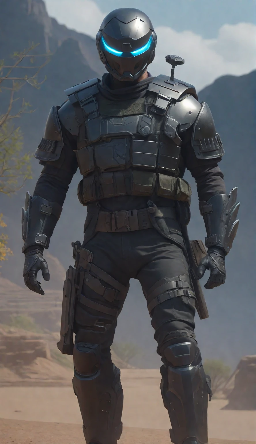 a man in a helmet dressed in tactical armor, With a black cape,Shoulder pads, Knee pads, three throwing knives holstered on his arm, Pistol holstered on his leg(Best quality, 4k, Masterpiece :1.3), Cyberpunk, Background, Sci-fi landscape, (Black cape), ultra realistic 8k cg