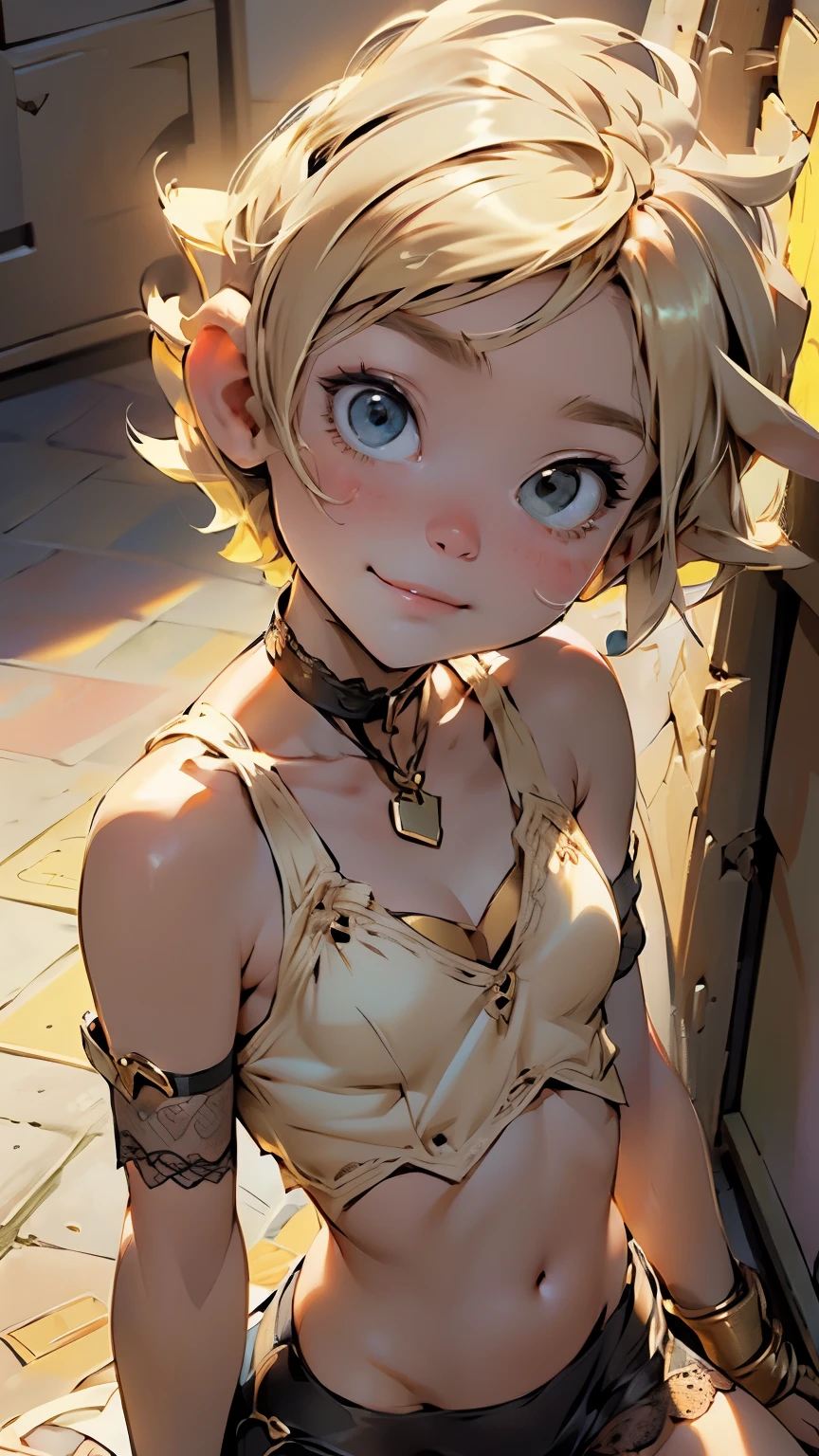 Cat_girl, laying on back, deep eye contact, shy smile, from above,(nsfw:0.55), ((busty chested, flat stomach, , blonde pixe cut hair, lacy black neck chocker with a small golden heart locket)), (intense colors)