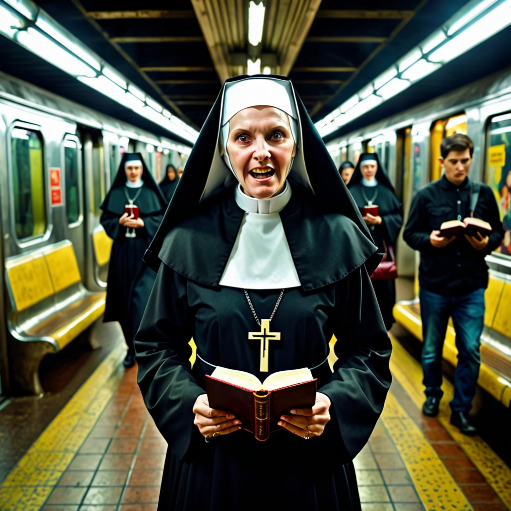 A spreading light, evil supernatural creatures fleeing, at the light's center is a lovely Catholic nun holding a cross and a bible, emitting holy energy as she chants, in a subway. (best quality, 4k, highres, masterpiece:1.2), ultra-detailed, (realistic, photorealistic:1.37), HDR, studio lighting, extreme detail description, professional, vivid colors, bokeh, portraits, horror, subway, evil supernatural creatures, spreading light, lovely Catholic nun, cross, bible, holy energy, chanting