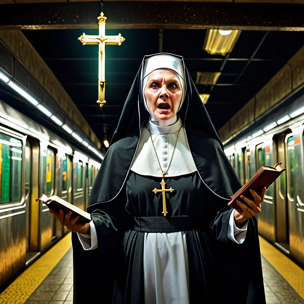 A spreading light, evil supernatural creatures fleeing, at the light's center is a lovely Catholic nun holding a cross and a bible, emitting holy energy as she chants, in a subway. (best quality, 4k, highres, masterpiece:1.2), ultra-detailed, (realistic, photorealistic:1.37), HDR, studio lighting, extreme detail description, professional, vivid colors, bokeh, portraits, horror, subway, evil supernatural creatures, spreading light, lovely Catholic nun, cross, bible, holy energy, chanting