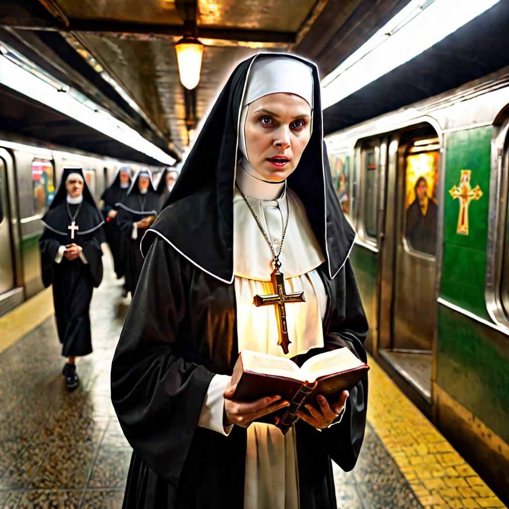 A spreading light, evil supernatural creatures fleeing, at the light's center is a lovely Catholic nun holding a cross and a bible, emitting holy energy as she chants, in a subway. (best quality, 4k, highres, masterpiece:1.2), ultra-detailed, (realistic, photorealistic:1.37), HDR, studio lighting, extreme detail description, professional, vivid colors, bokeh, portraits, horror, subway, evil supernatural creatures, spreading light, lovely Catholic nun, cross, bible, holy energy, chanting