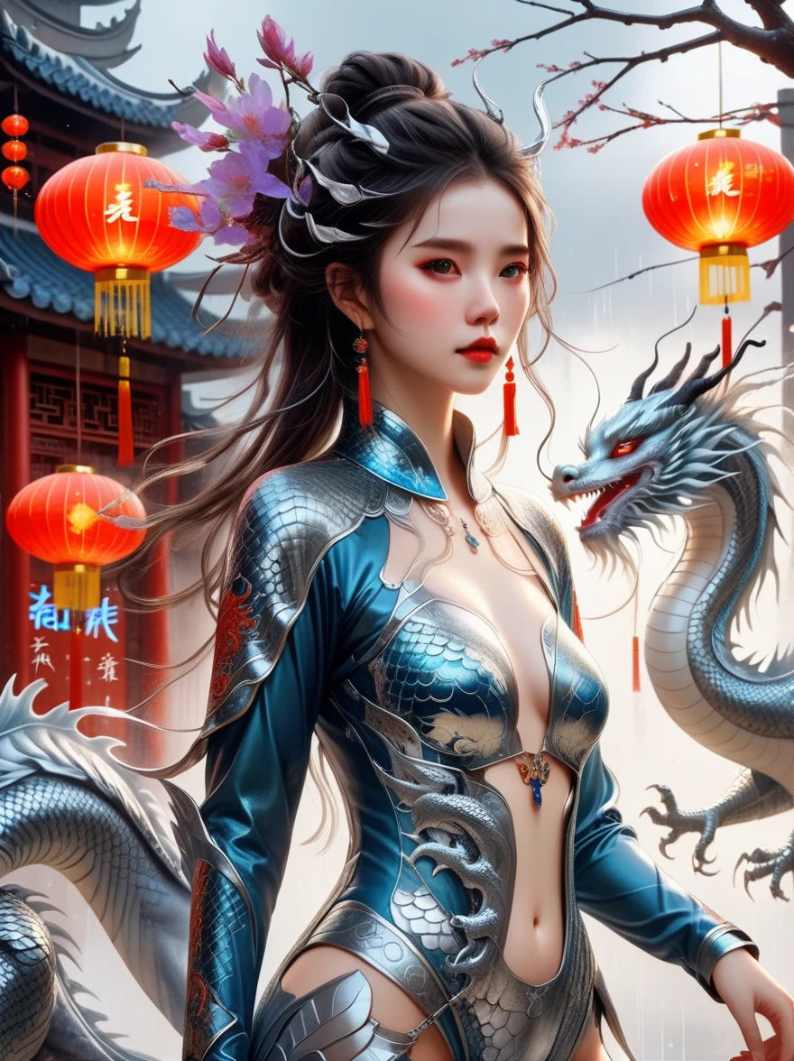 Works of Chinese style masters, shining, Traditional Chinese ink painting, willow branches, Wu Changshuo, 1 girl, small breasts, beautiful detailed eyes, beautiful detailed cyberpunk city, flat chest, beautiful detailed hair, wavy hair, beautiful detailed street, mecha clothes, robot girl, cool movement, silver bodysuit, (filigree), dragon wings, colorful background, a dragon stands behind the girl, rainy days, (lightning effect), beautiful detailed silver dragon armor, (cold face), composition, Dazzling colors, Stunning visual effects, otherworldly appearance, Fascinating artistry, eyes on the audience, high resolution, Super detailed, lifelike, illustration, first-person view, ((masterpiece)), best quality, anatomically correct, ccurate, 8k, best quality, 8K, masterpiece