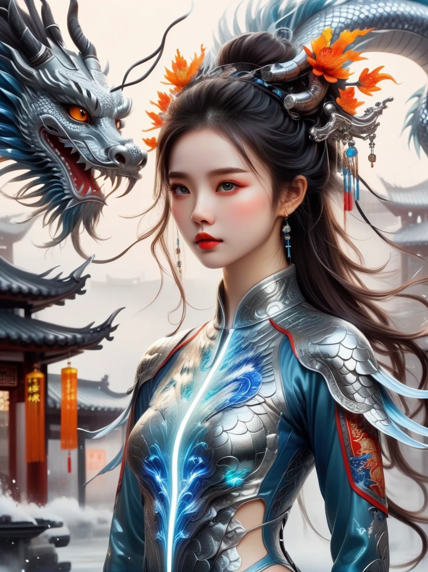 Works of Chinese style masters, shining, Traditional Chinese ink painting, willow branches, Wu Changshuo, 1 girl, small breasts, beautiful detailed eyes, beautiful detailed cyberpunk city, flat chest, beautiful detailed hair, wavy hair, beautiful detailed street, mecha clothes, robot girl, cool movement, silver bodysuit, (filigree), dragon wings, colorful background, a dragon stands behind the girl, rainy days, (lightning effect), beautiful detailed silver dragon armor, (cold face), composition, Dazzling colors, Stunning visual effects, otherworldly appearance, Fascinating artistry, eyes on the audience, high resolution, Super detailed, lifelike, illustration, first-person view, ((masterpiece)), best quality, anatomically correct, ccurate, 8k, best quality, 8K, masterpiece