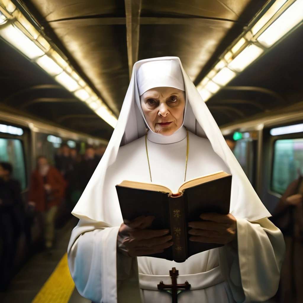 A spreading light, evil supernatural creatures fleeing, at the light's center is a lovely Catholic nun holding a cross and a bible, emitting holy energy as she chants, in a subway. (best quality, 4k, highres, masterpiece:1.2), ultra-detailed, (realistic, photorealistic:1.37), HDR, studio lighting, extreme detail description, professional, vivid colors, bokeh, portraits, horror, subway, evil supernatural creatures, spreading light, lovely Catholic nun, cross, bible, holy energy, chanting